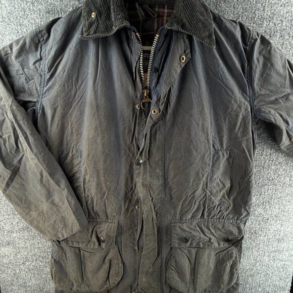 Barbour Border A205 Blue Waxed Jacket Full Zip Hunting Outdoors Corduroy Collar - Picture 1 of 16